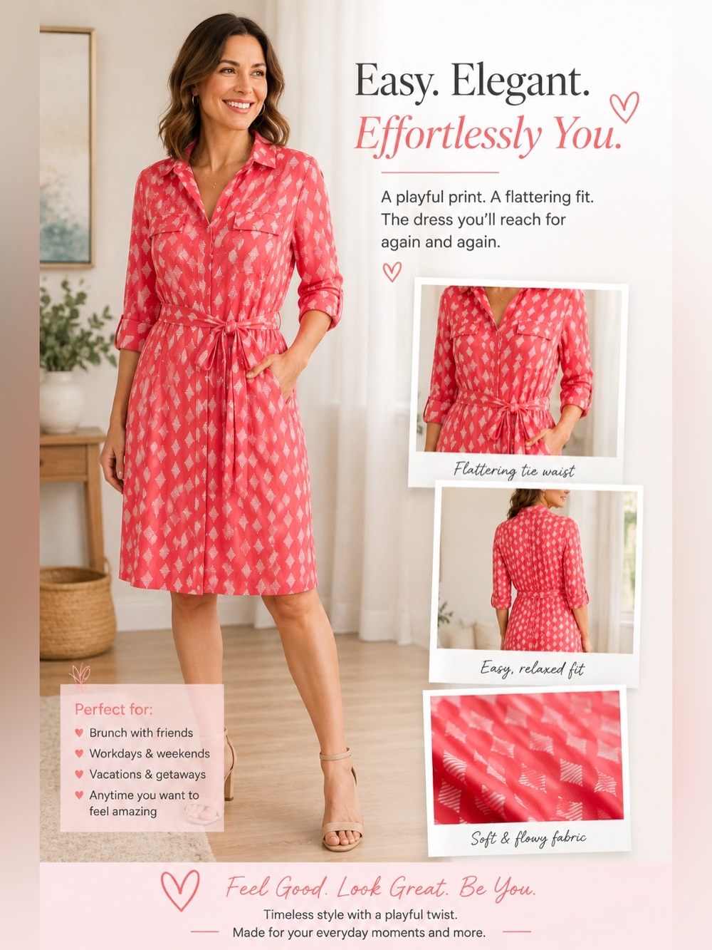Anne Klein Coral Pink Printed Midi Shirt Dress
